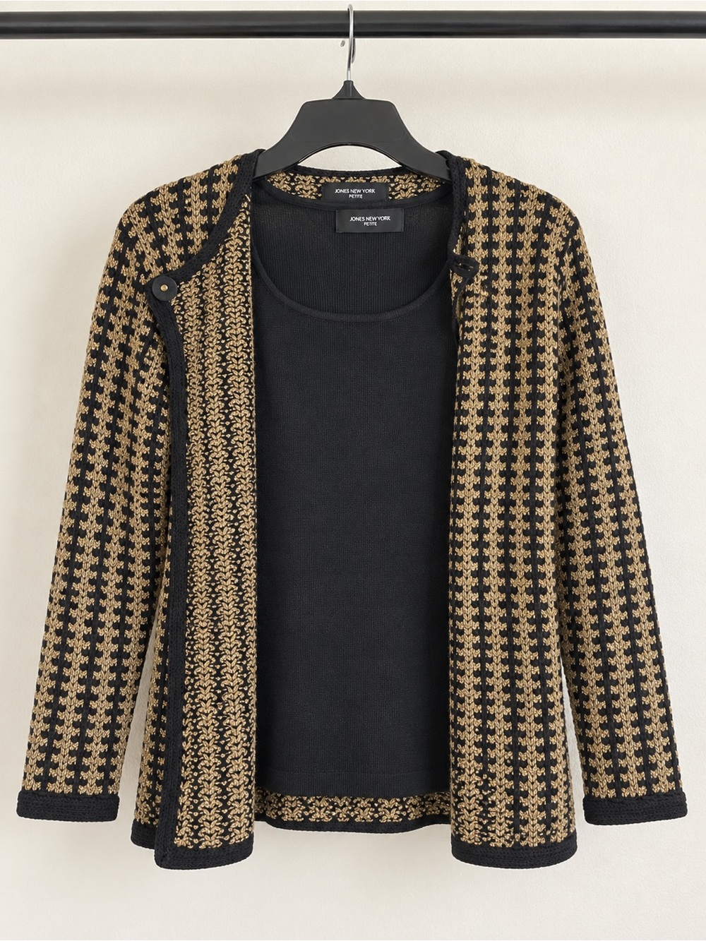 Jones New York Black and Gold Houndstooth Knit Cardigan Set